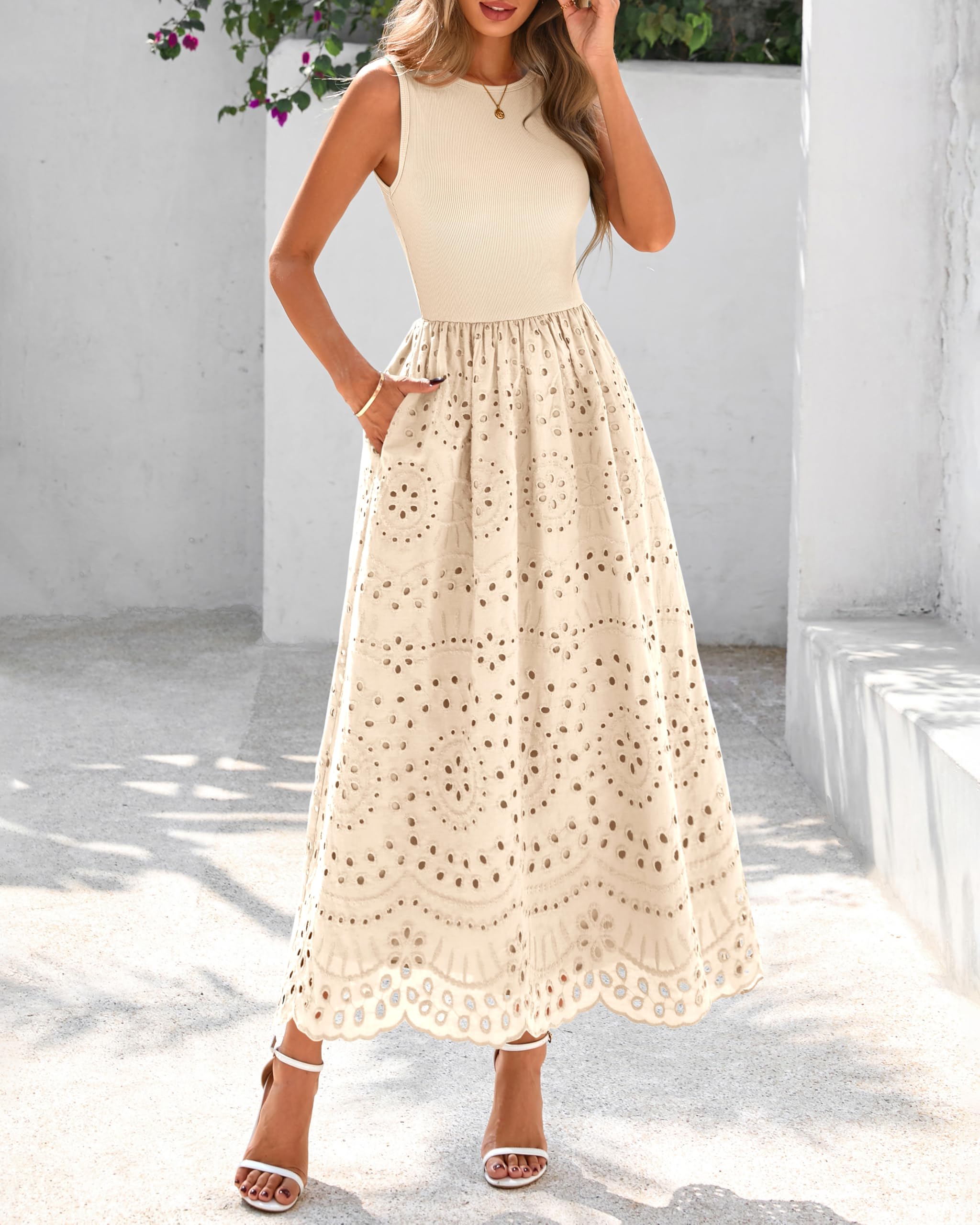 dowerme Women Summer Dresses 2026 Casual Sleeveless Crewneck A-Line Boho Lace Eyelet Cotton Tank Maxi Dress with Pockets
