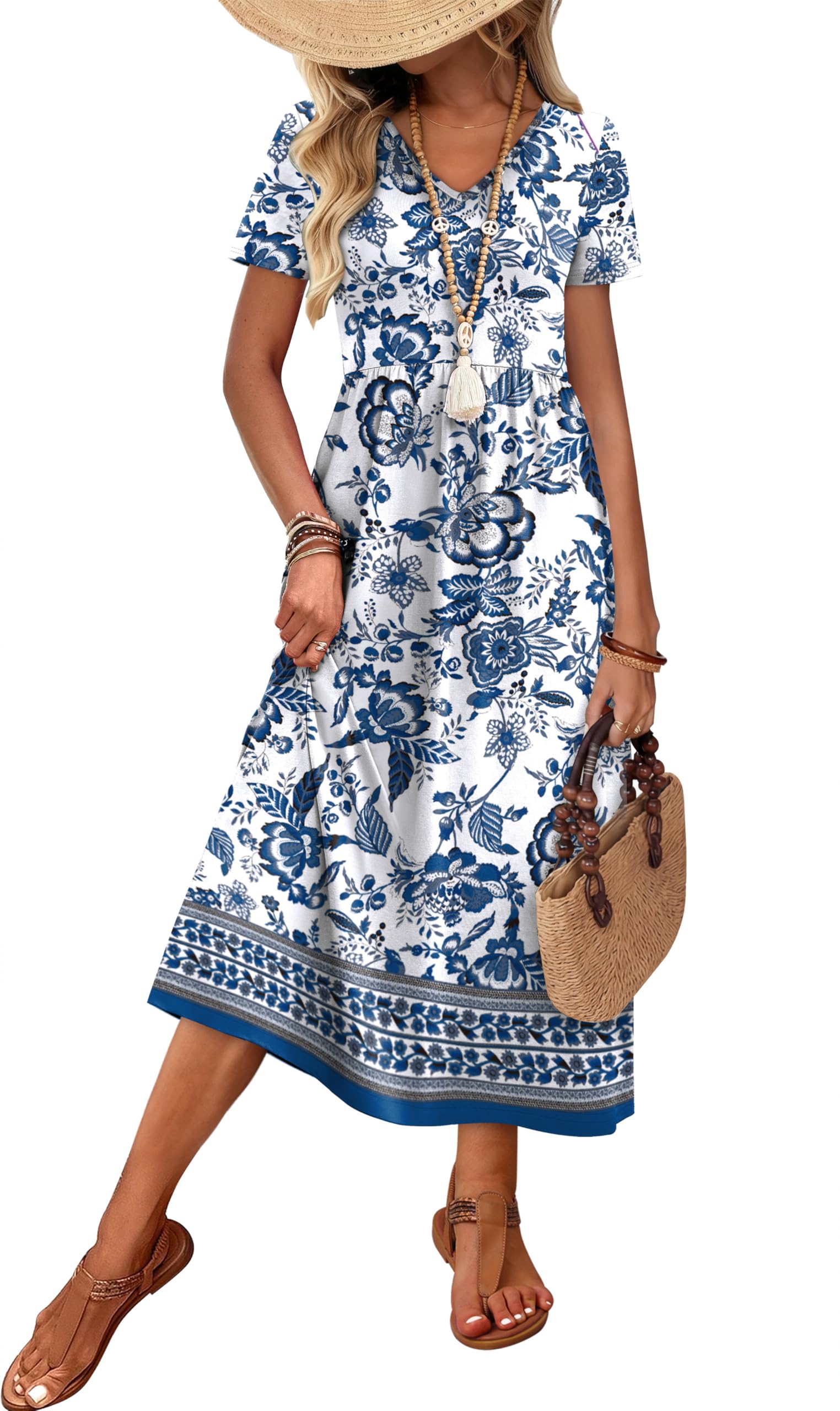 OFEEFAN Summer Dresses for Women Flowy Casual A-Line Midi Dress Beach Vacation Sundresses with Pockets S-2XL