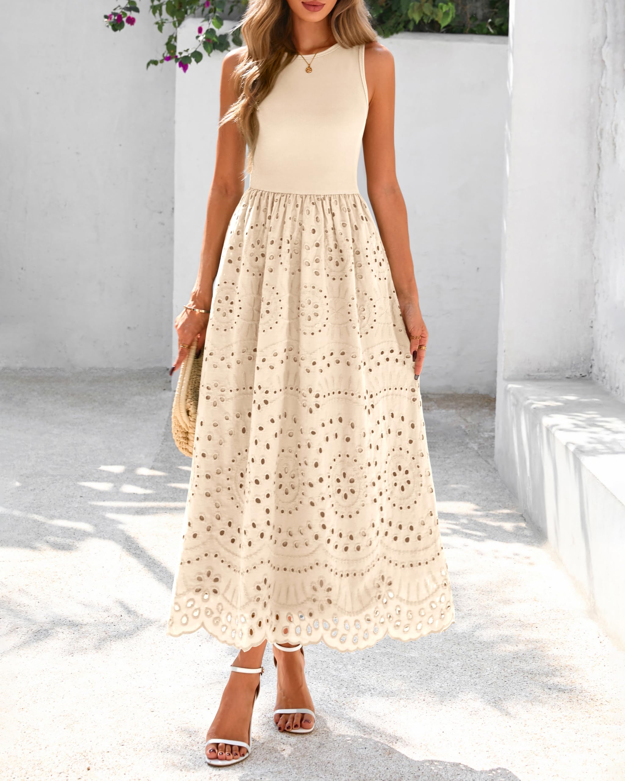 dowerme Women Summer Dresses 2026 Casual Sleeveless Crewneck A-Line Boho Lace Eyelet Cotton Tank Maxi Dress with Pockets
