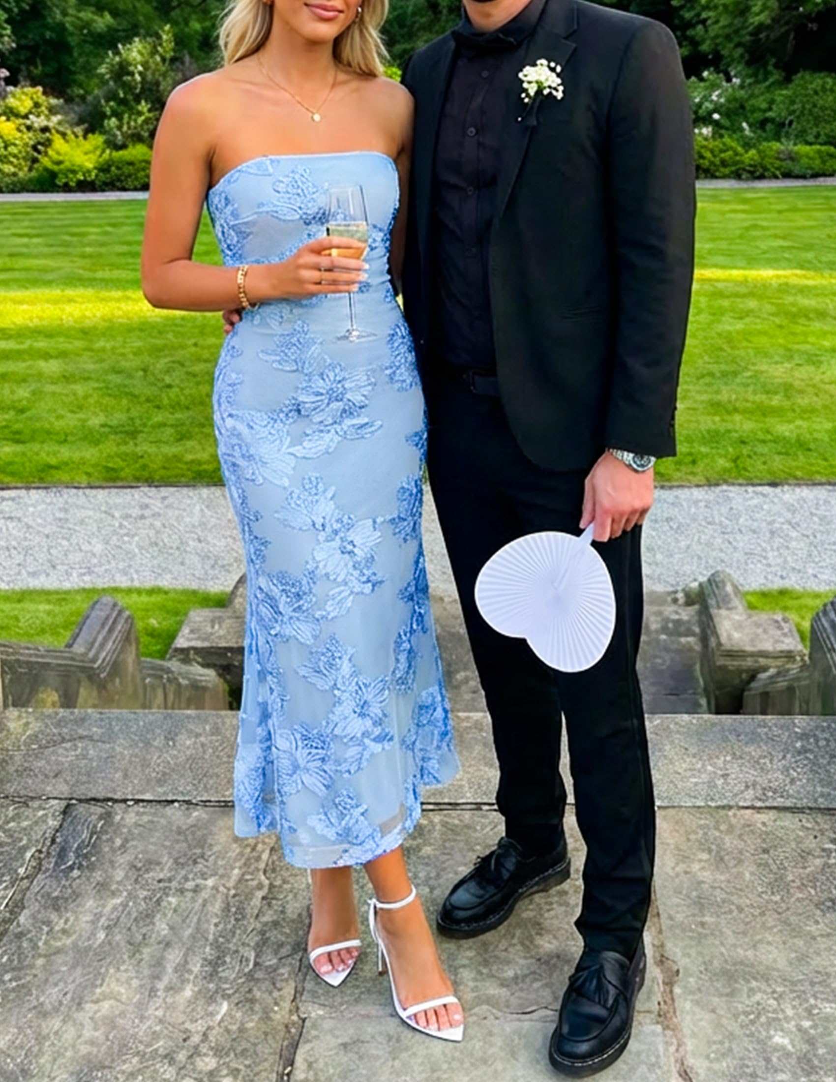 ZESICA Cocktail Wedding Guest Dresses for Women 2026 Summer Strapless Floral Bodycon Mesh Tube Formal Party Midi Dress
