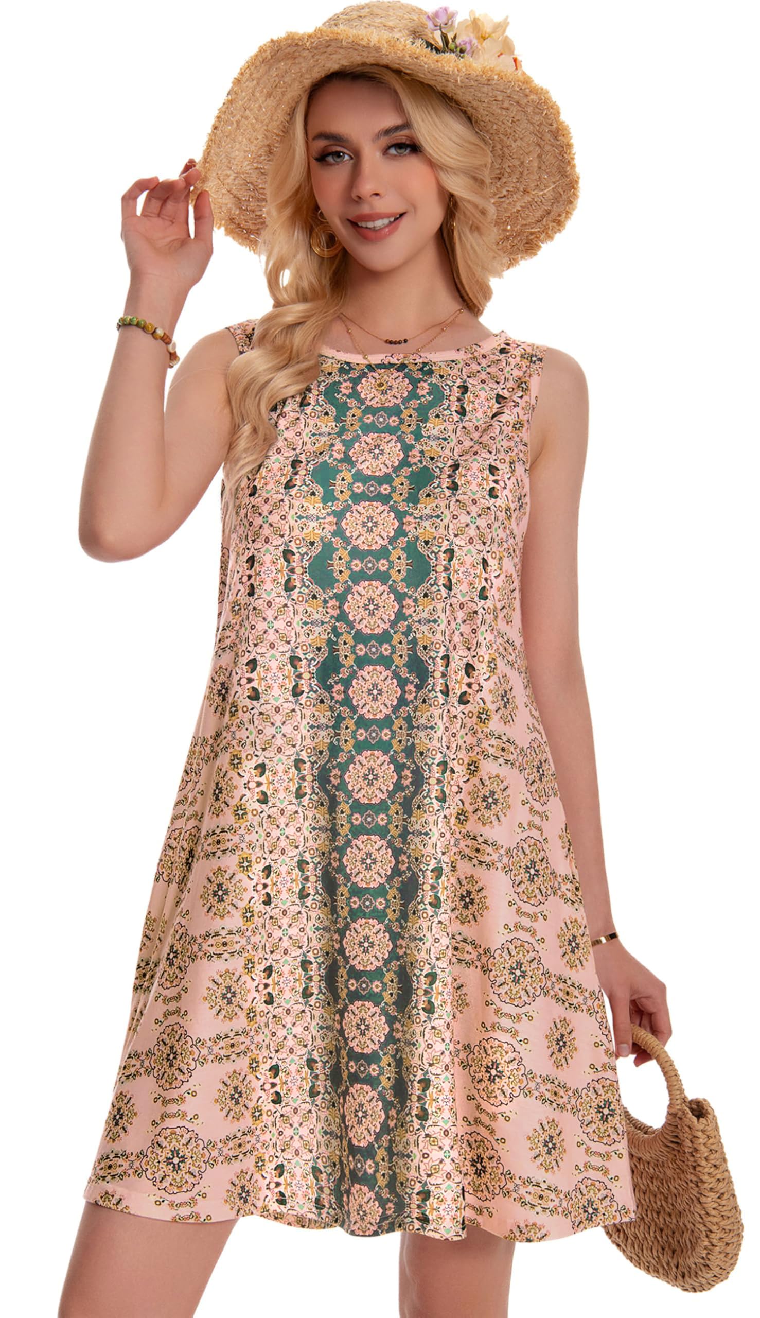 Summer Dresses for Women Beach Boho Sleeveless Vintage Floral Flowy Pocket Tshirt Tank Sundresses 2026
