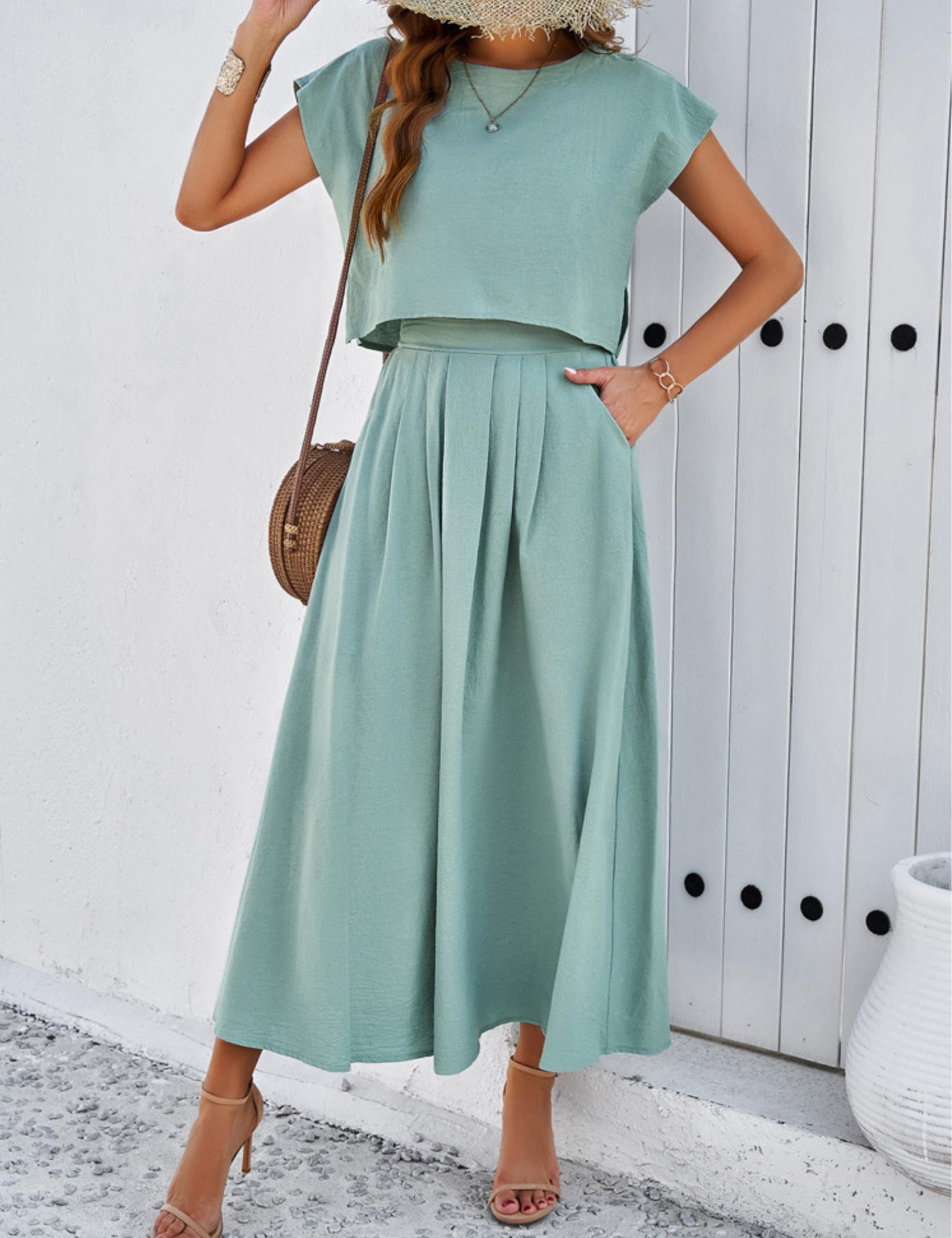 HangNiFang Summer Skirt Sets Women 2 Piece Outfits Cap Sleeve Top Elastic Waist Maxi Dress Sets with Pockets