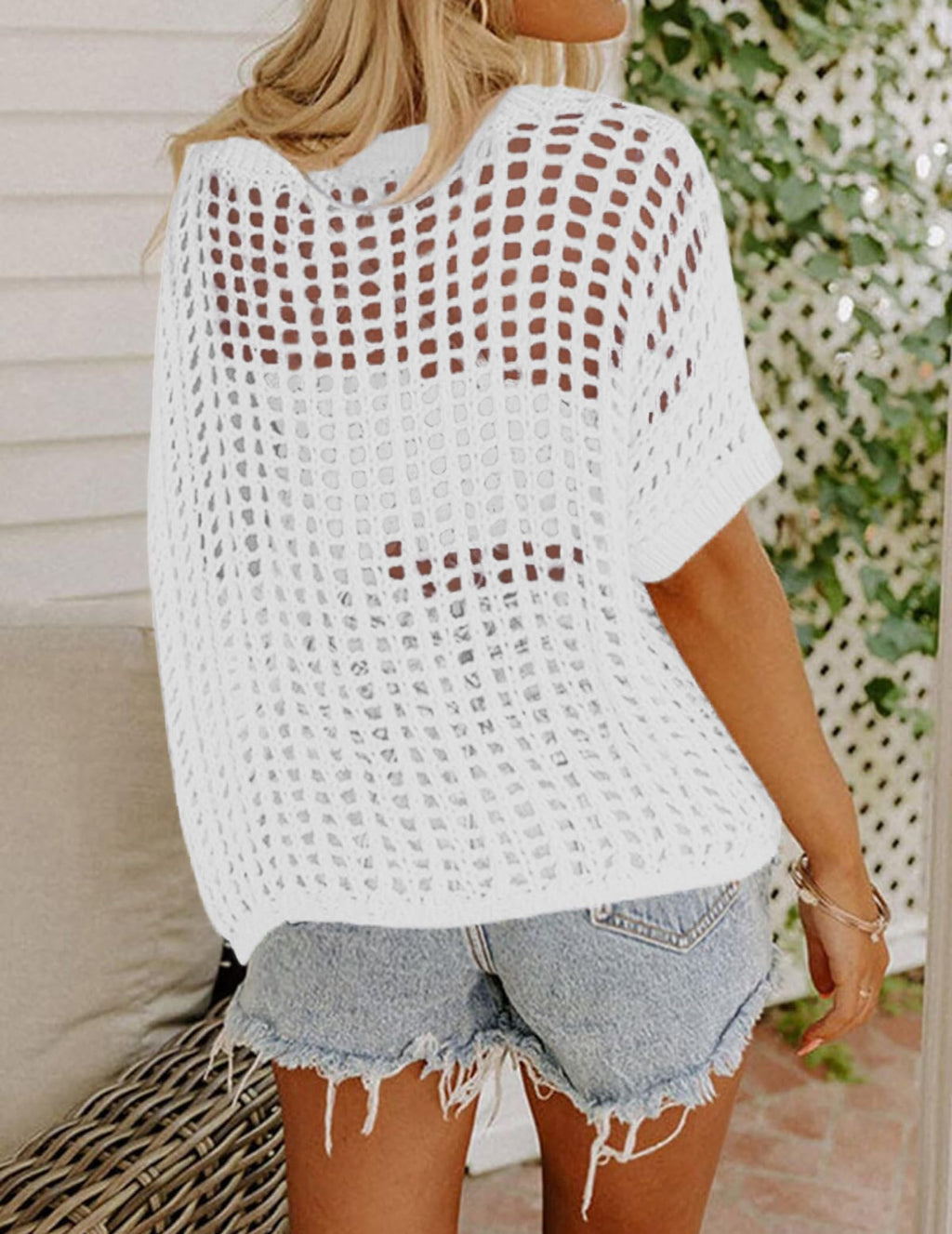 Zeagoo Short Sleeve Crochet Sweater Lightweight Summer Tops Loose Hollow Out Crewneck Pullover