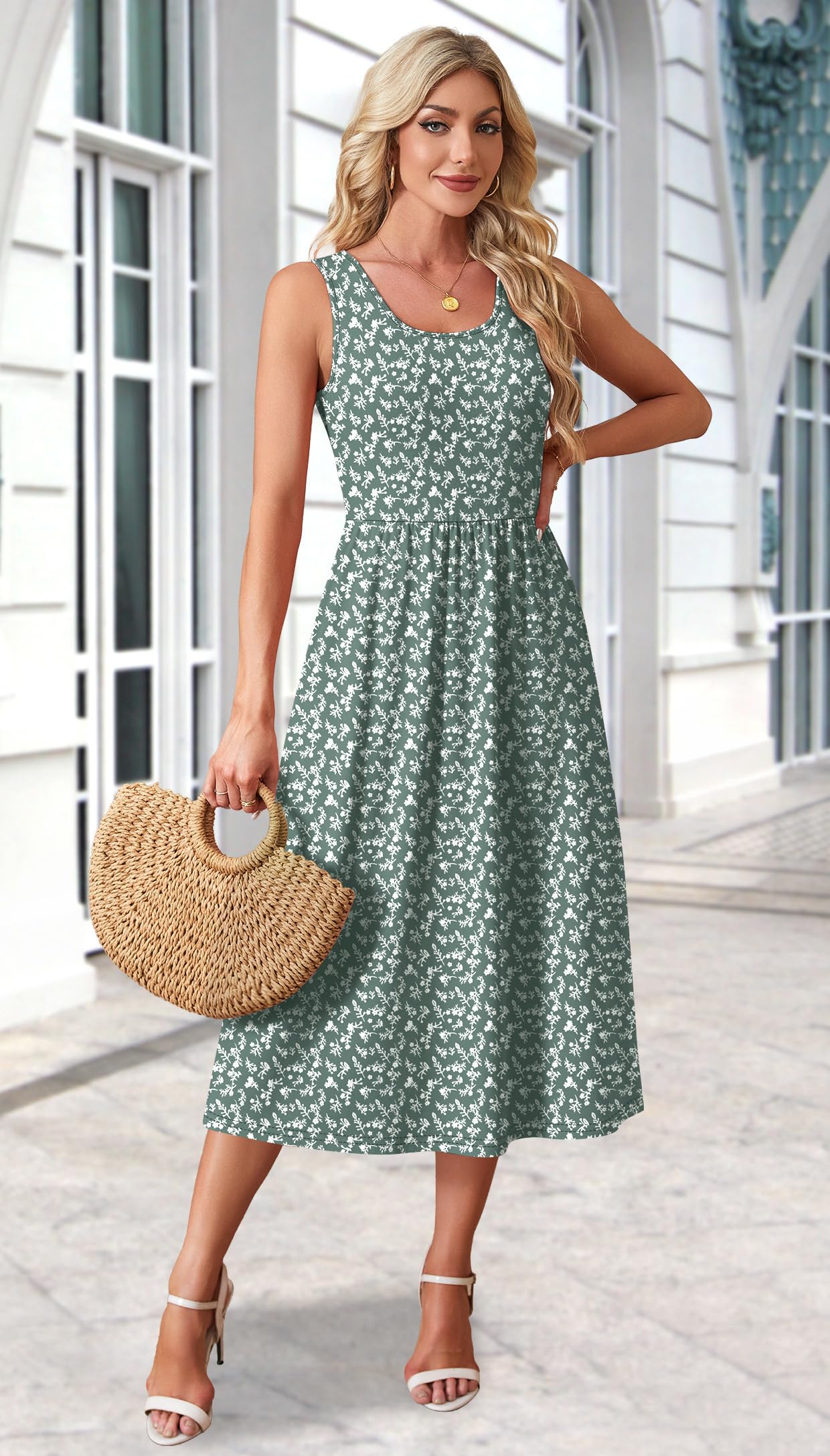 WIHOLL Summer Dresses for Women Flowy Casual Midi Dress Beach Vacation Sundresses with Pockets - Green White Print