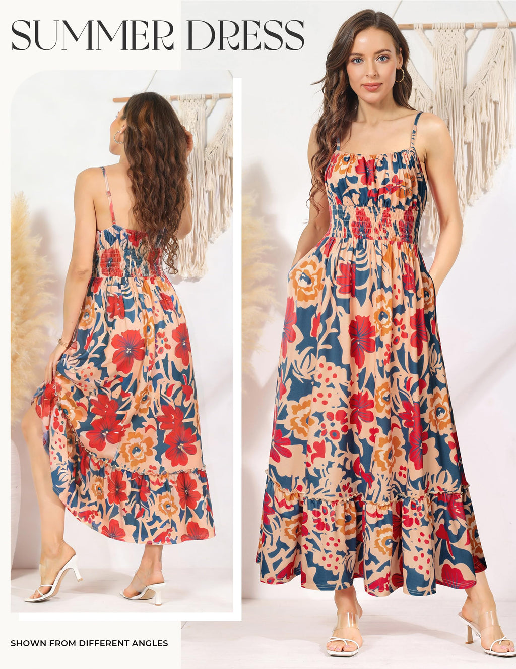 GRACE KARIN Summer Dresses for Women 2026 Vacation,Smocked Floral Maxi Dress,Boho Beach Sundress with Pocket Fashion Clothing