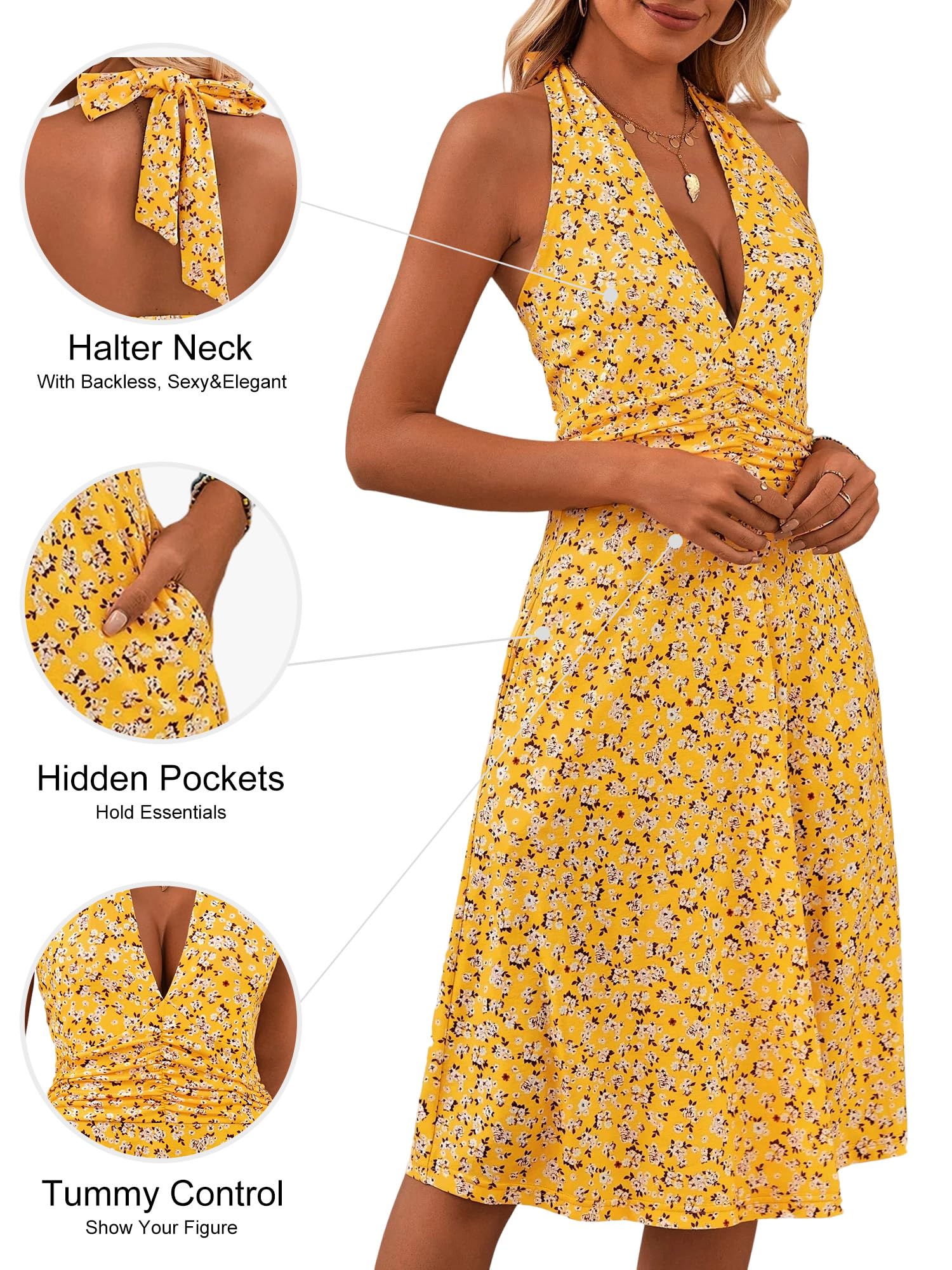 HUHOT Women's Summer Sundress Sleeveless Halter Neck Spring 2026 Floral with Pocket Elastic Waist Ruffle Mini Dresses