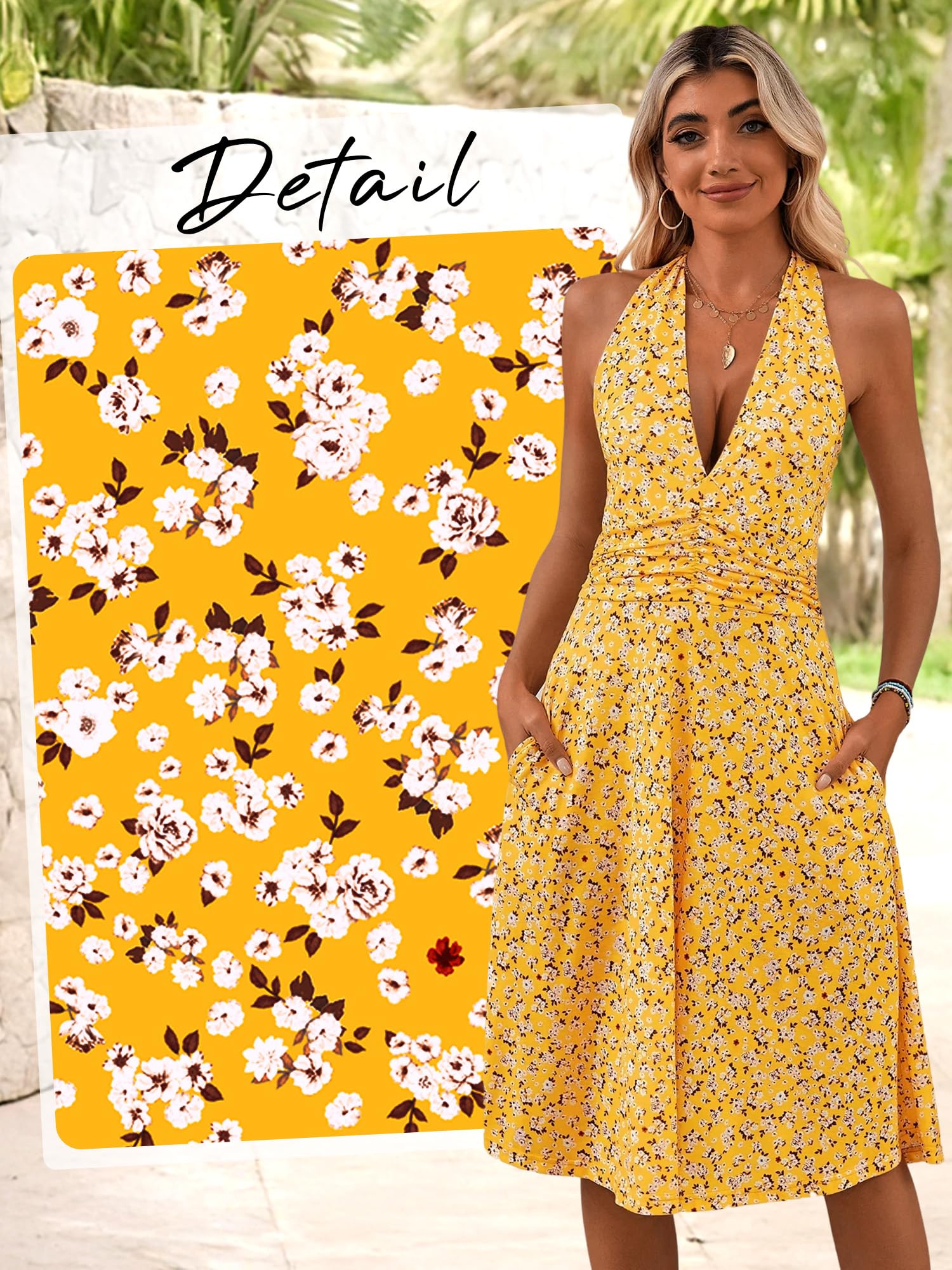 HUHOT Women's Summer Sundress Sleeveless Halter Neck Spring 2026 Floral with Pocket Elastic Waist Ruffle Mini Dresses