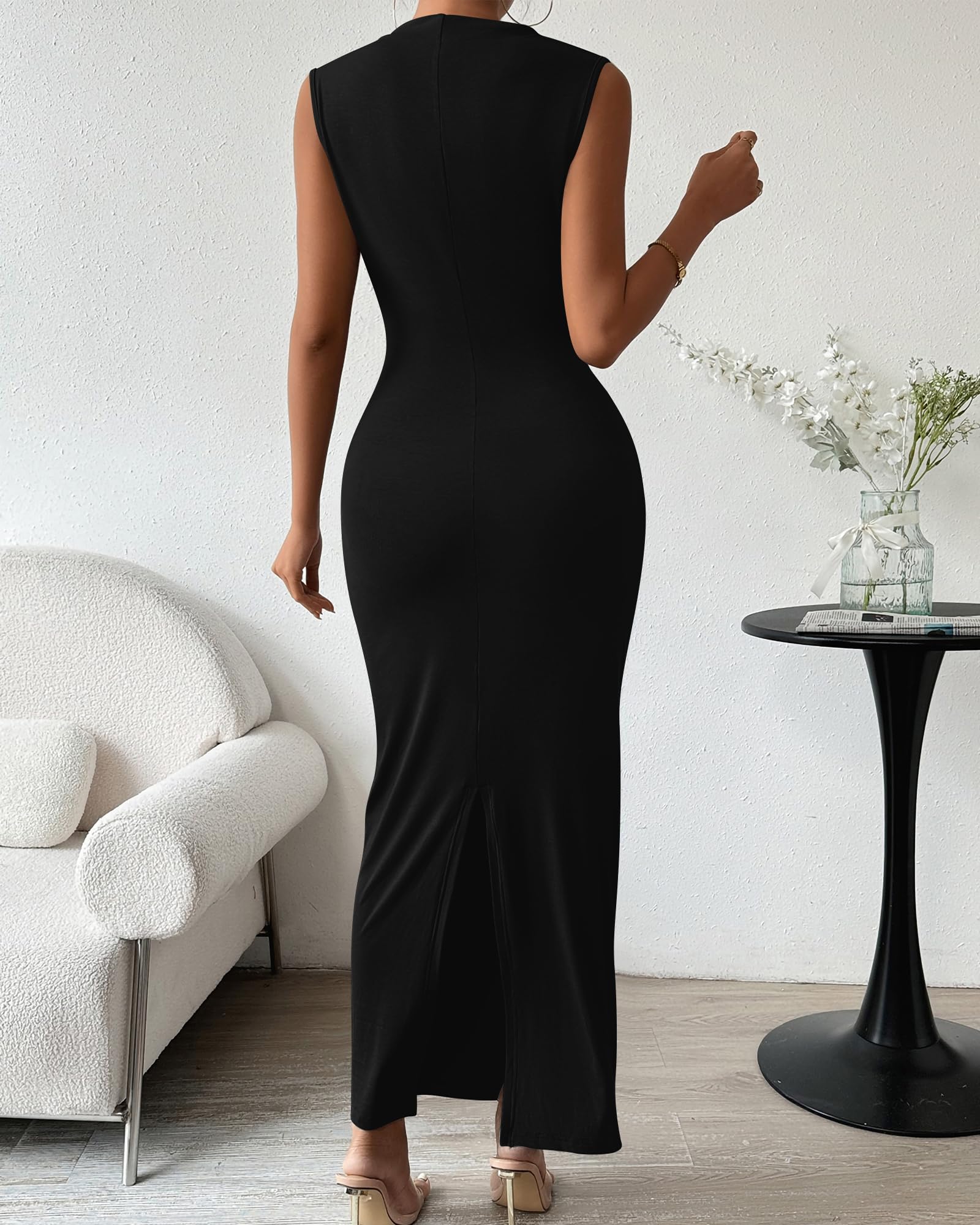 BTFBM Women Ruched Bodycon Maxi Dresses Summer Casual Sleeveless Lightweight Slit Elegant Cocktail Wedding Guest Dress
