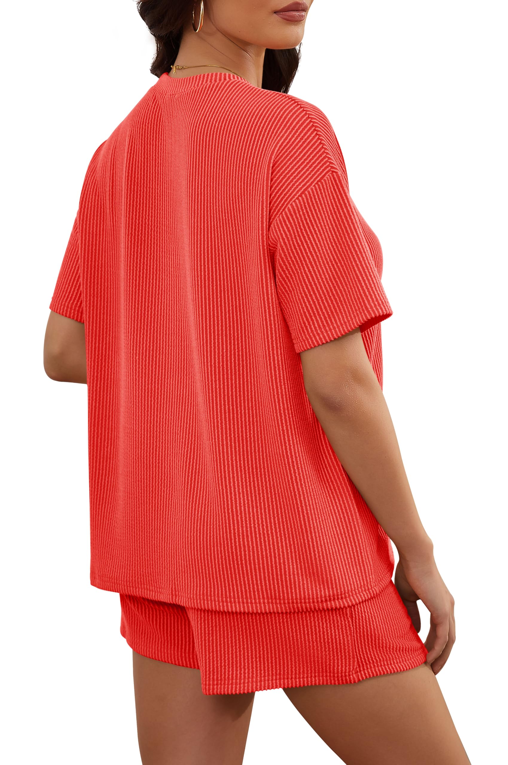 RUBZOOF Women's 2 Piece Sets Short Sleeve Outfits Ribbed Textured Knit Lounge Shorts Set Oversized Tracksuit Matching Sets