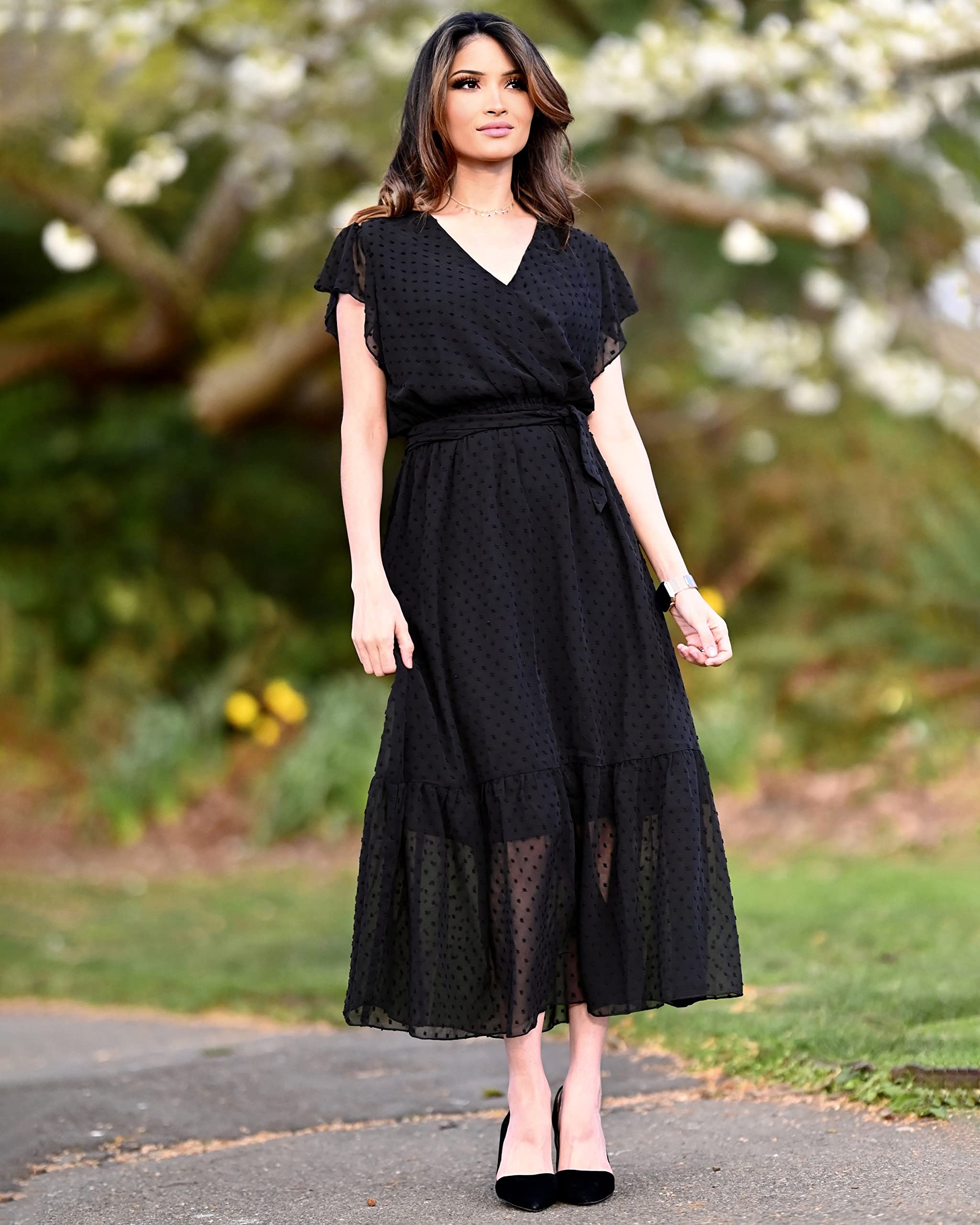 BTFBM Women Summer Bohemian Floral Casual Wrap V Neck Ruffle Cap Sleeveless Belt A-Line Pleated Hem Midi Sun Dress White