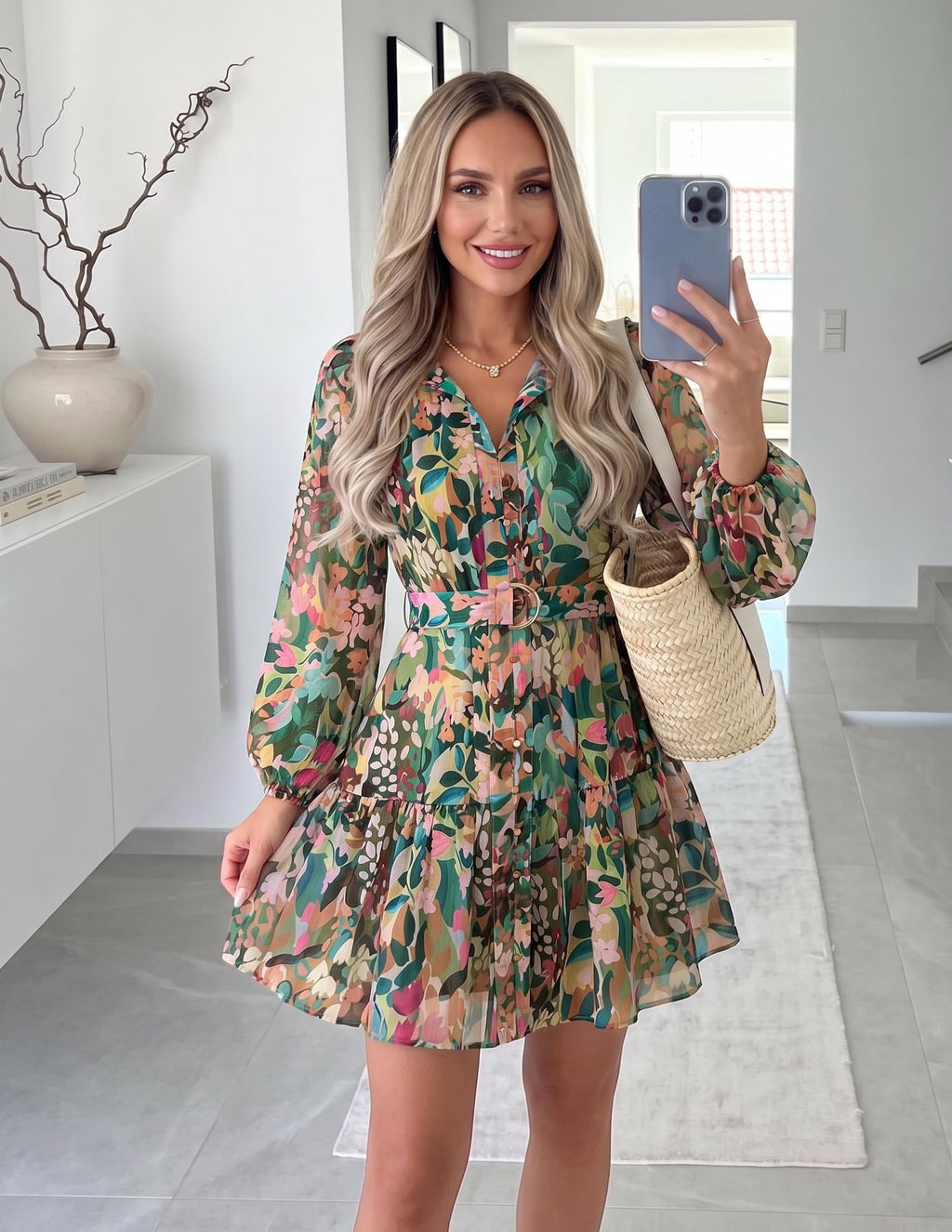 ZESICA Womens Spring Summer Floral Mini Dress Long Sleeve Button Chiffon A Line Swing Short Wedding Guest Party Dresses