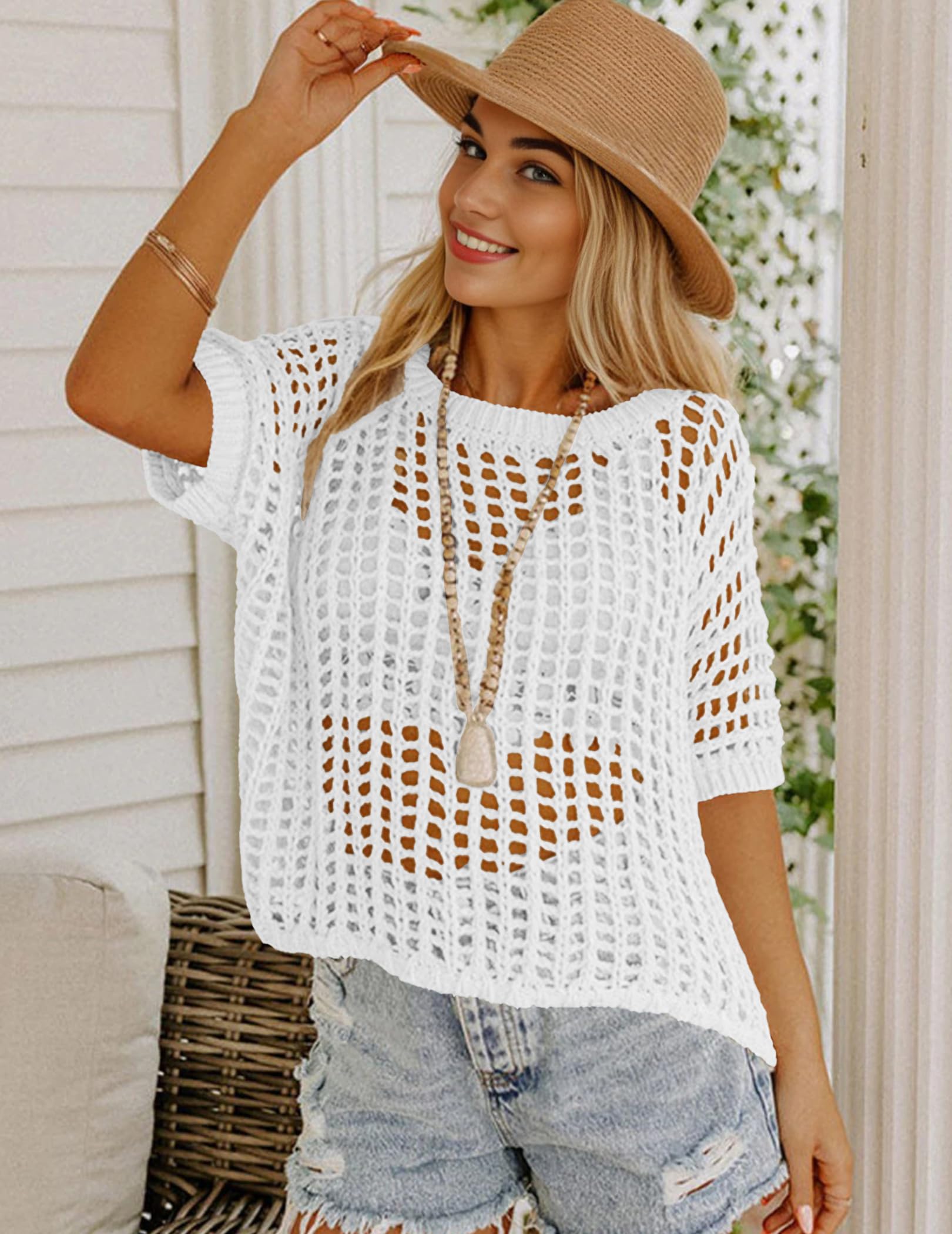 Zeagoo Short Sleeve Crochet Sweater Lightweight Summer Tops Loose Hollow Out Crewneck Pullover