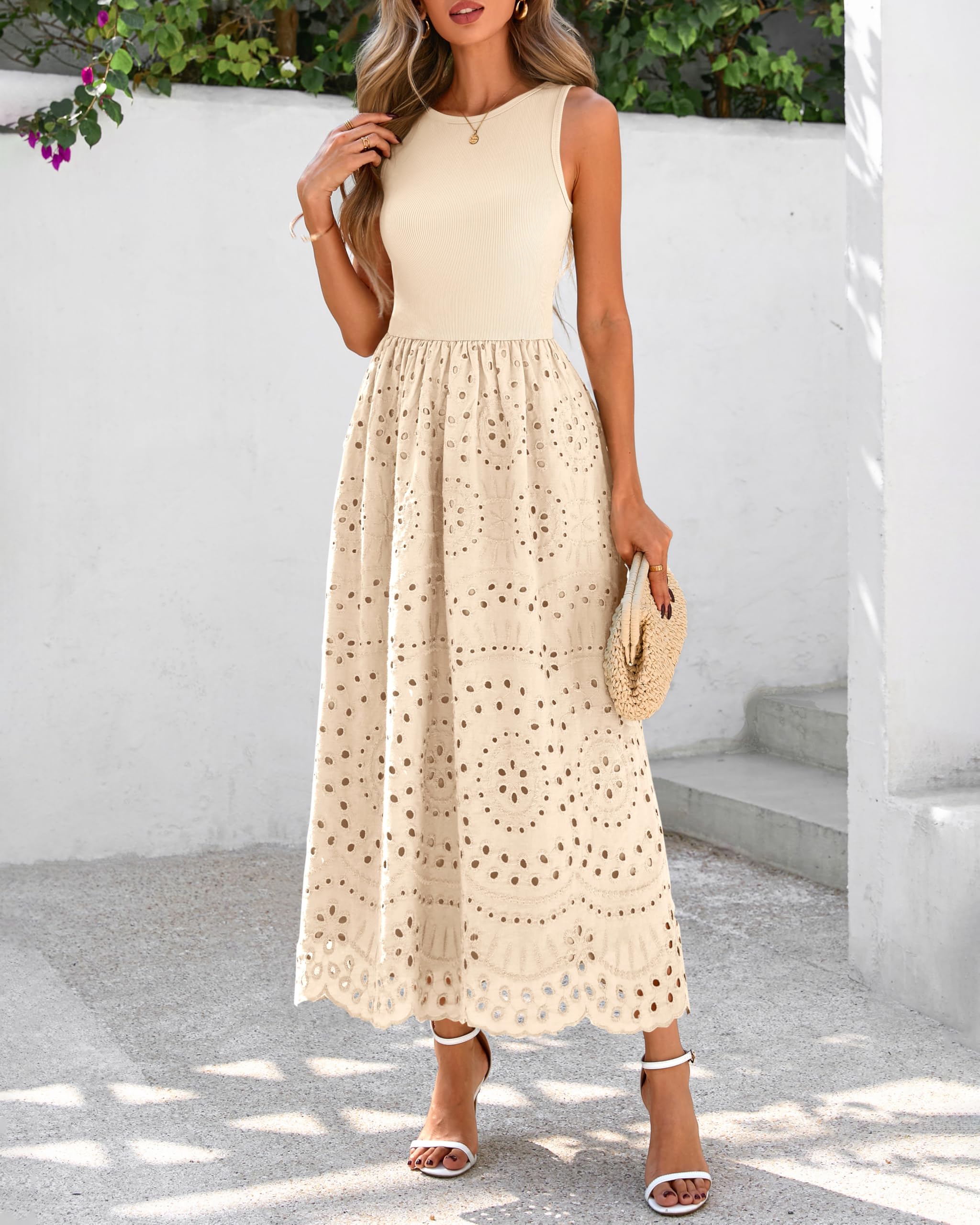 dowerme Women Summer Dresses 2026 Casual Sleeveless Crewneck A-Line Boho Lace Eyelet Cotton Tank Maxi Dress with Pockets