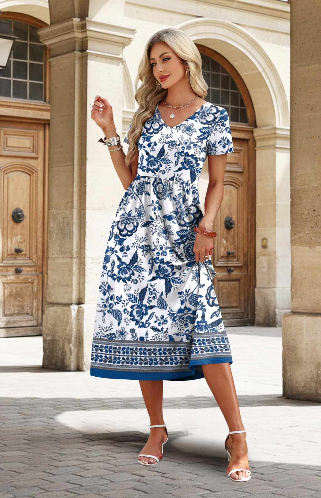 OFEEFAN Summer Dresses for Women Flowy Casual A-Line Midi Dress Beach Vacation Sundresses with Pockets S-2XL