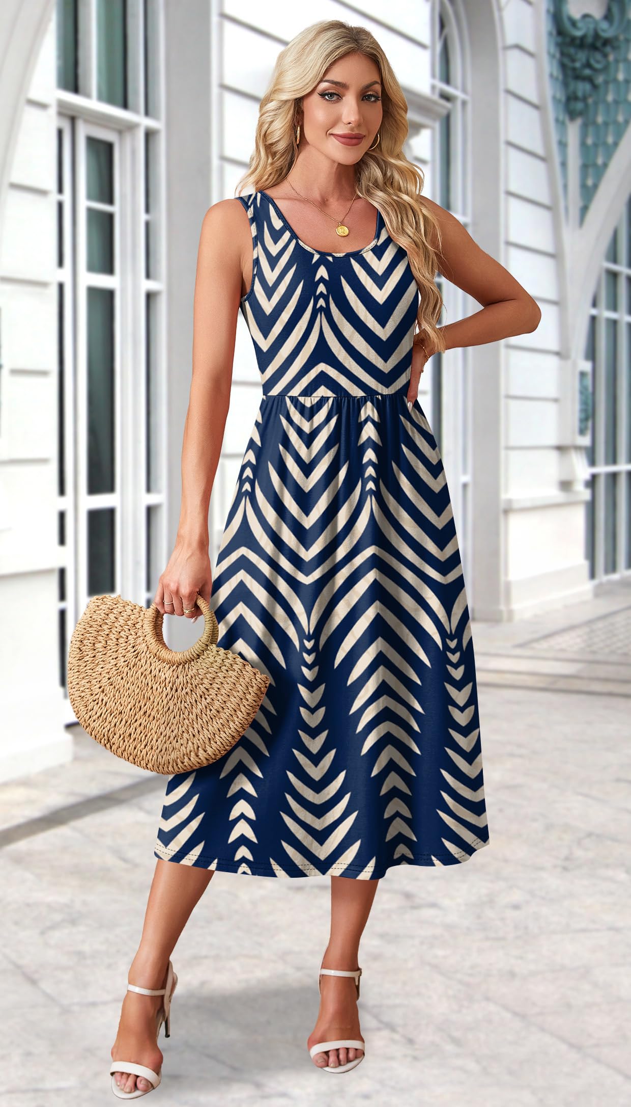 WIHOLL Summer Dresses for Women Flowy Casual Midi Dress Beach Vacation Sundresses with Pockets - Navy Print