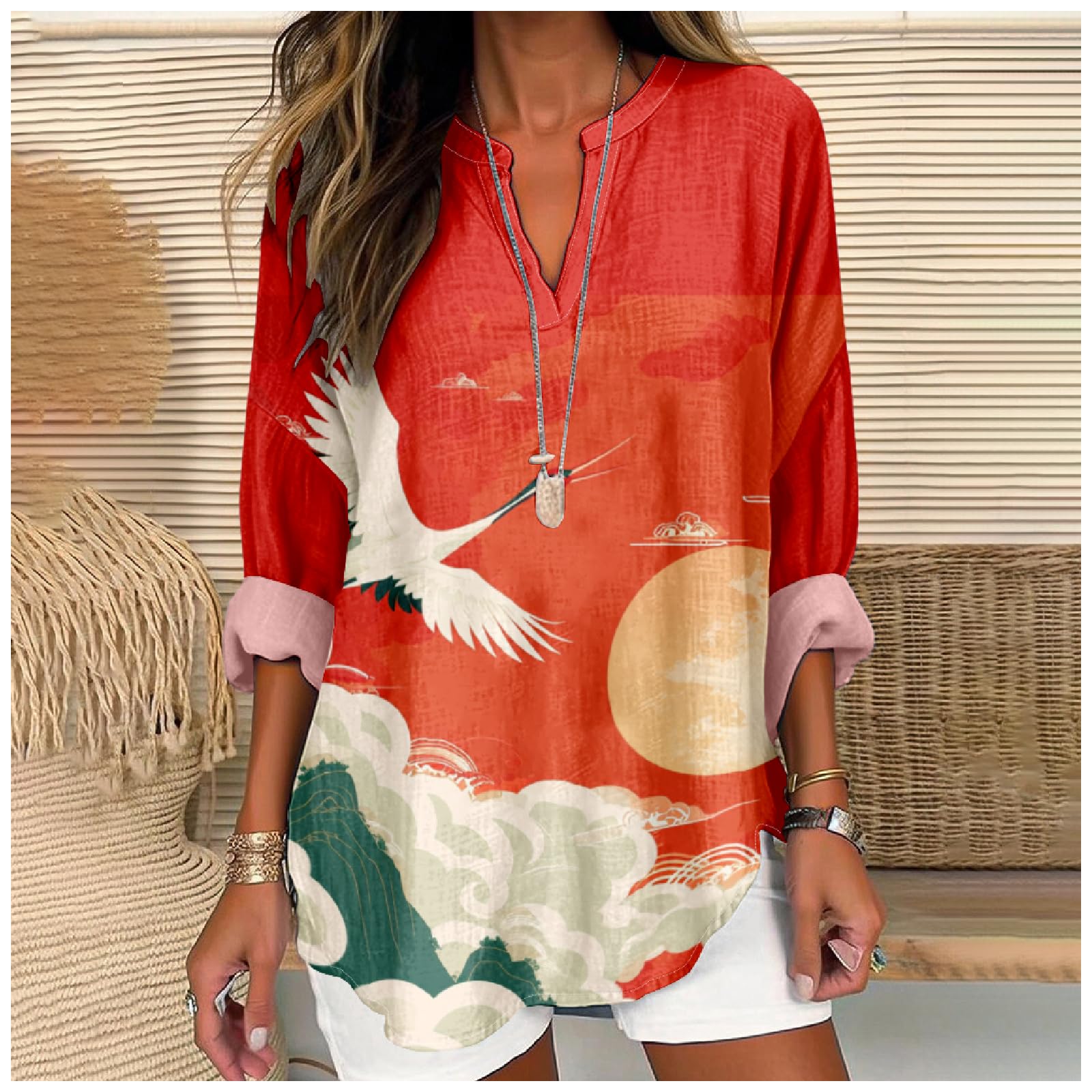 MARSVOVO Japanese Art Style Shirt for Women Long Sleeve Novelty Graphic Tops V Neck Oversize Vintage Causal Pullover