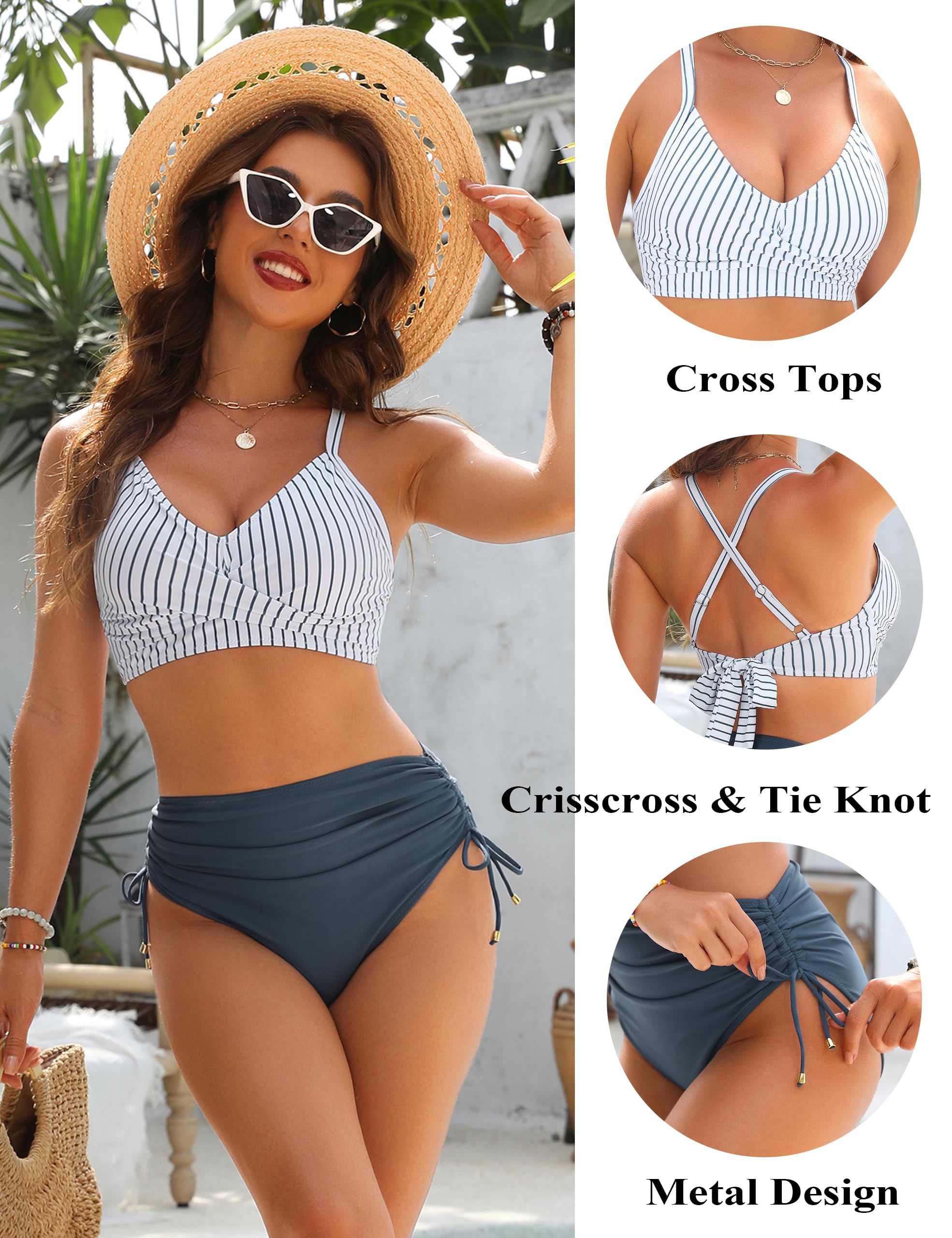 Blooming Jelly Womens High Waisted Bikini Sets Drawstring Tummy Control Swimsuits Crisscross Tie Back Bathing Suit