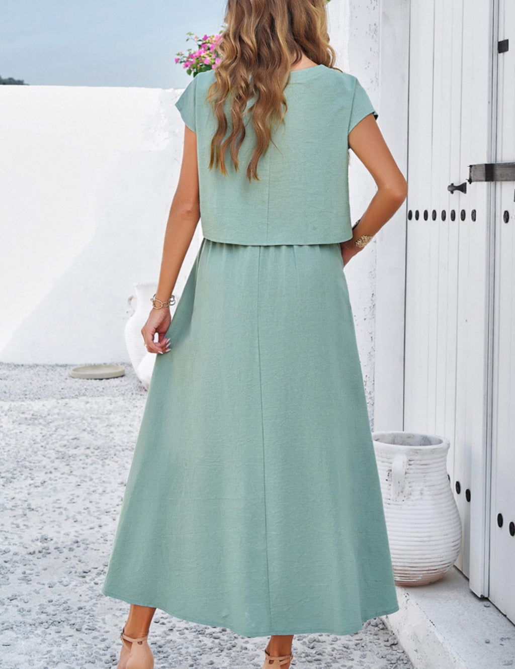 HangNiFang Summer Skirt Sets Women 2 Piece Outfits Cap Sleeve Top Elastic Waist Maxi Dress Sets with Pockets