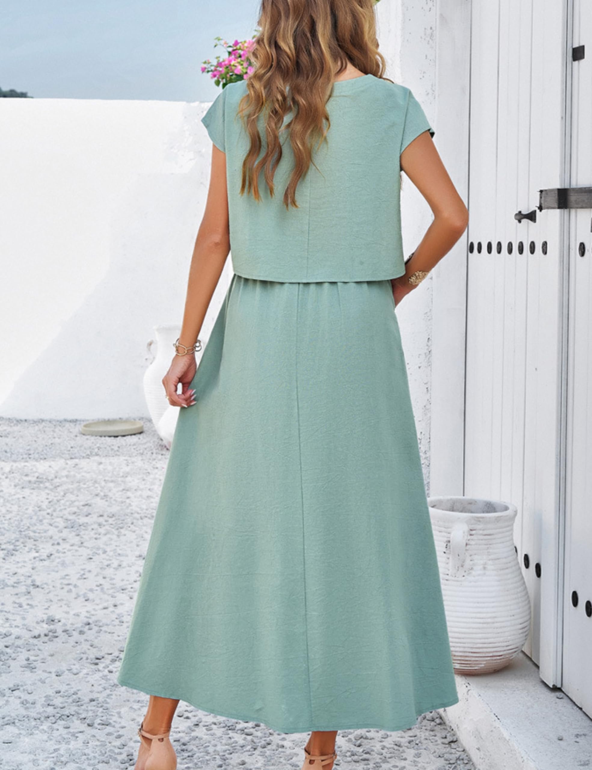 HangNiFang Summer Skirt Sets Women 2 Piece Outfits Cap Sleeve Top Elastic Waist Maxi Dress Sets with Pockets
