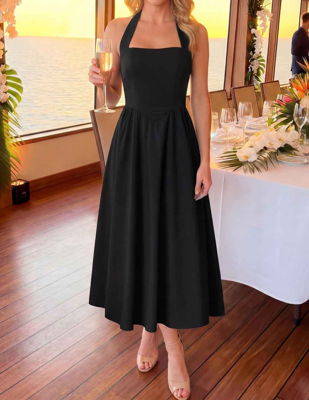 ZESICA Women's Summer Sleeveless Halter Midi Dress 2026 Off Shoulder High Waist Flowy Formal Wedding Guest Long Dresses