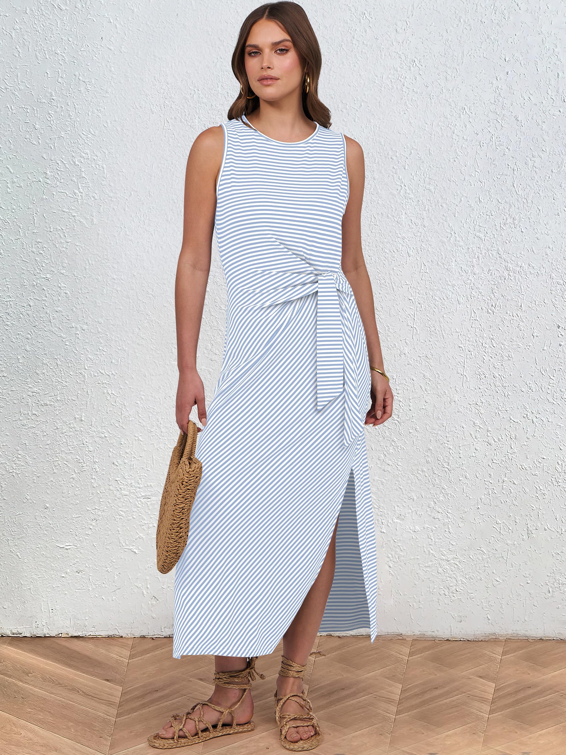 ANRABESS Womens Summer Casual Sleeveless T Shirt Midi Dress Slim Fit Tie Waist Split Tank Long Dresses 2026 Vacation Sundress