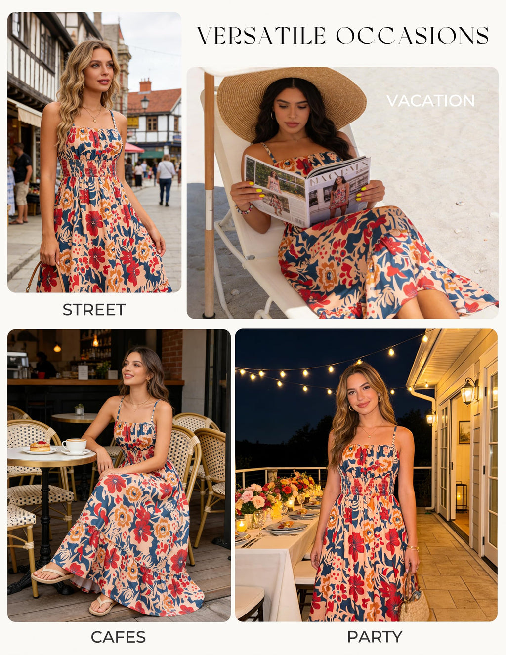 GRACE KARIN Summer Dresses for Women 2026 Vacation,Smocked Floral Maxi Dress,Boho Beach Sundress with Pocket Fashion Clothing