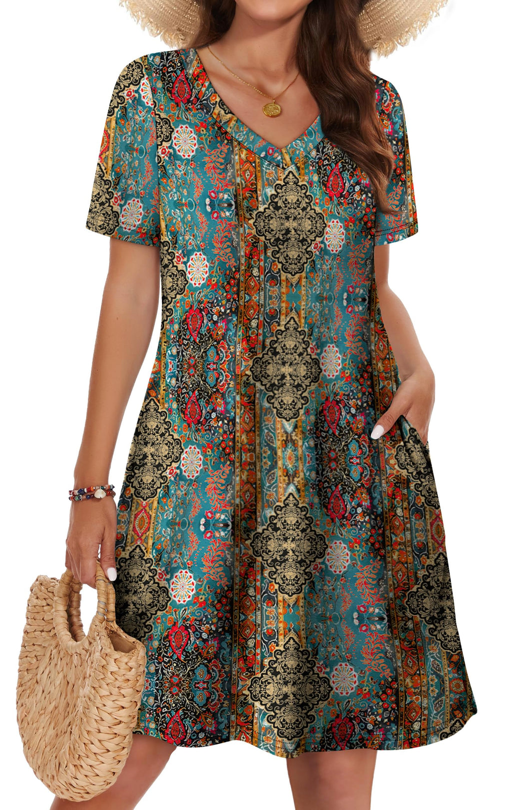 WIHOLL Boho Summer Dresses for Women Casual Loose T Shirt Dress with Pockets Beach Vacation Outfits S-4XL